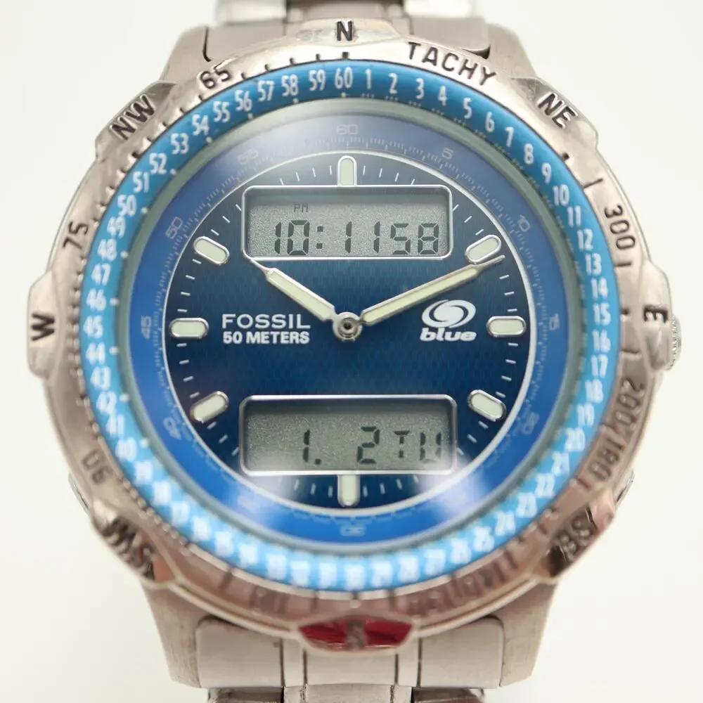 Vintage Fossil Blue Ana Digi 43mm Watch Alarm Chrono Timer Backlight AM3199